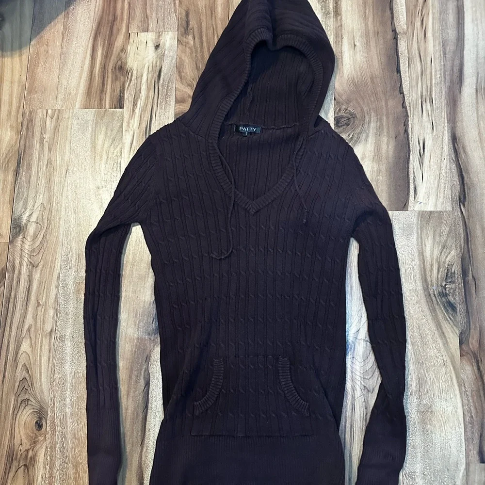 Pattyboutik Y2K Brown Ribbed Knit Hoodie Sweater Womens Small Fitted Cotton - Picture 2 of 7
